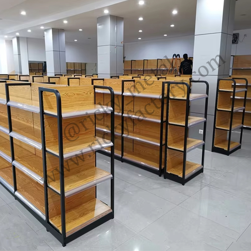 Modular supermarket shelving wood color